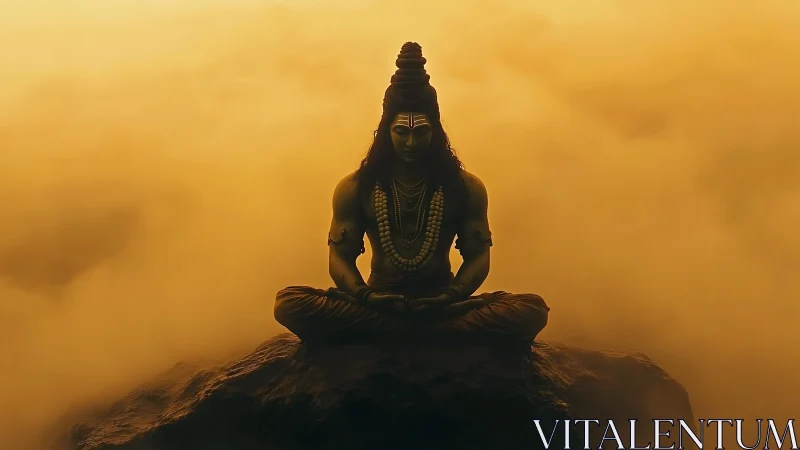 Golden horizon yogi in silent cloud-wrapped meditation.