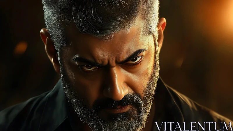 Intense silver-haired man in dramatic warm portrait lighting.