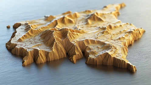 Three-Dimensional Topographical Map Model Rendered with Heightened Terrain Visualization.