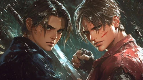 Dual warriors in stormlit anime battle portrait composition.