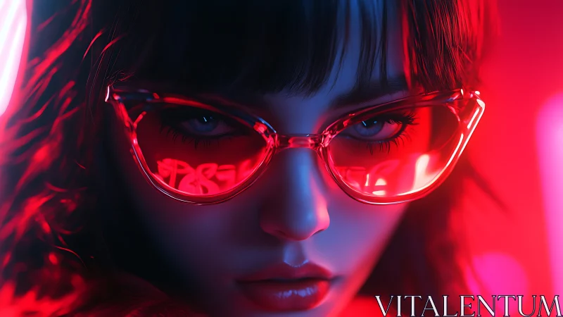 Neon lit portrait of woman in translucent red glasses.