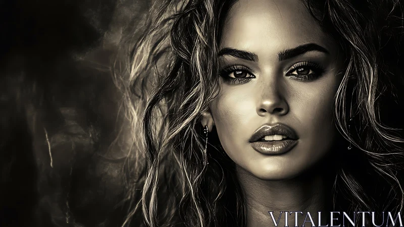 Monochrome digital portrait with intense female gaze.