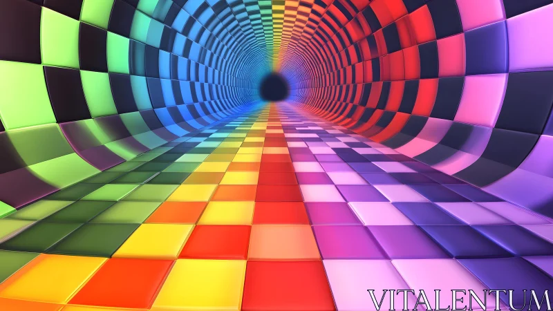 Vivid Checkered Tunnel in Rainbow Colors, Digital Abstract Art.