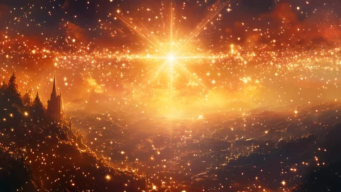 Radiant stellar burst illuminates mountainous cityscape in amber glow