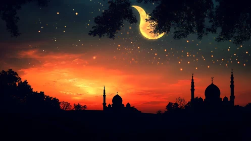 Crescent moon over mosque silhouettes at vivid twilight sky