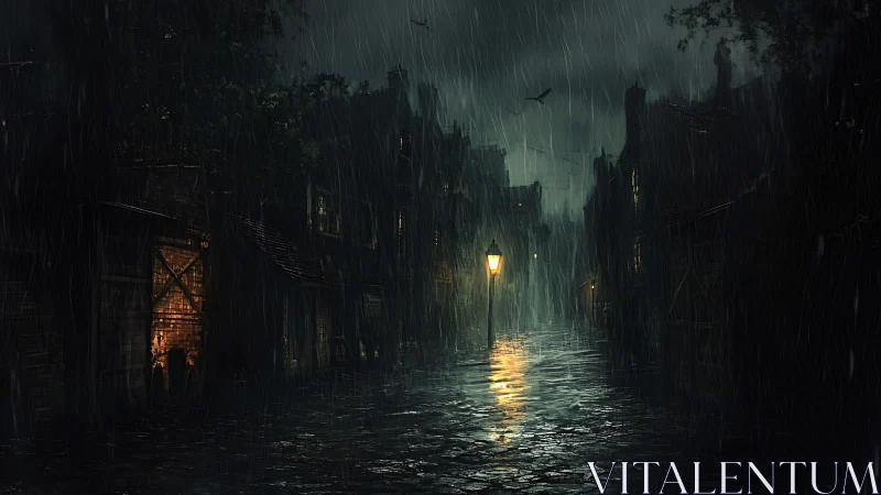 Rain-soaked cobblestone alley with single gaslamp and wet speculars