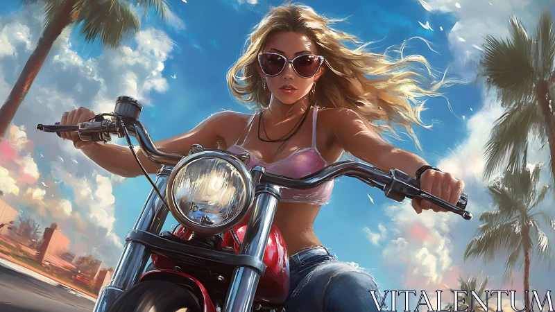 Chromatic coastal motorcycle rider under dynamic cloudfields.