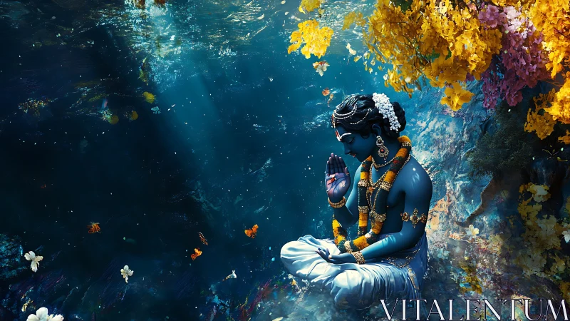 Blue-skinned deity meditates in luminous underwater grove