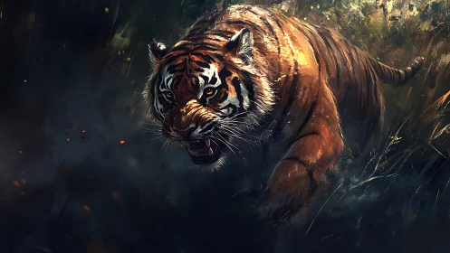 Ferocious tiger charges forward through dark jungle brush.