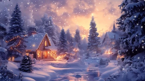 Cozy winter cabin village glowing under a gentle snowfall.