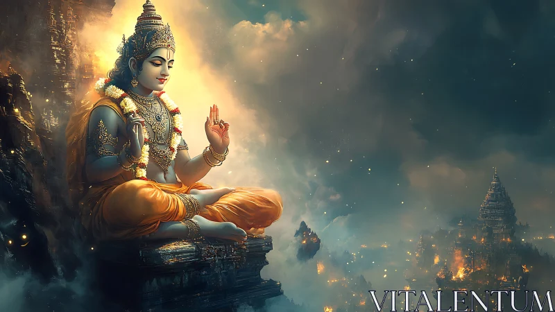 Divine figure in luminous meditation above burning citadel.