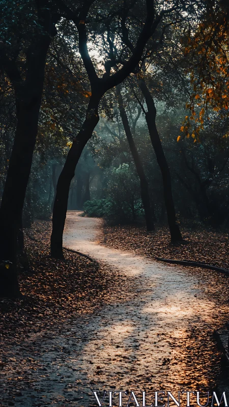 Sunlit Path Through Darkened Forest Tunnel.
