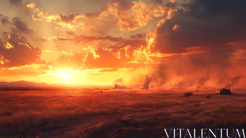 Blazing wasteland sunset ignites drifting embers and dust storms.