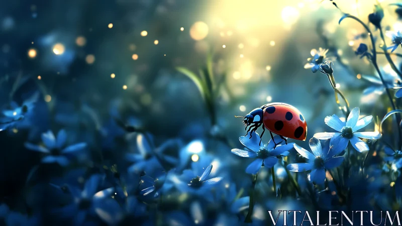 Ladybug on blue wildflowers under glowing dusk light.