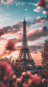 Blush sky crowns Eiffel tower in dreamy Parisian bloomscape.