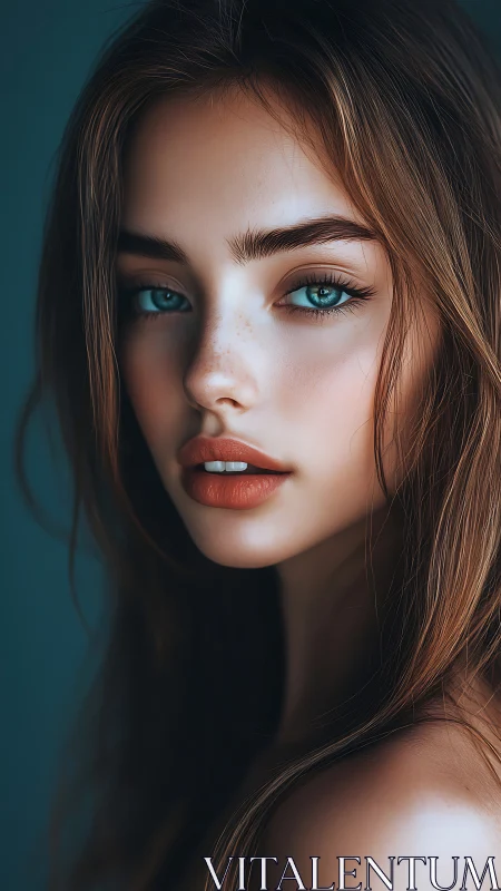 Hyperreal close-up portrait showcases teal-eyed female subject