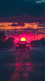 Neon dusk road chase beneath a melting electric sunset sky.