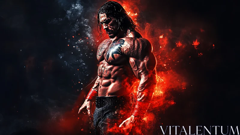 Inferno-forged warrior brooding in embers and shadowed flame.