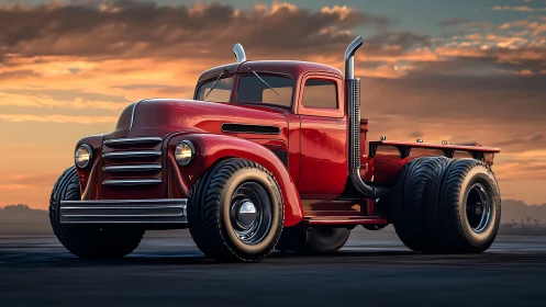 Sunset cruise with a bold red retro custom truck.