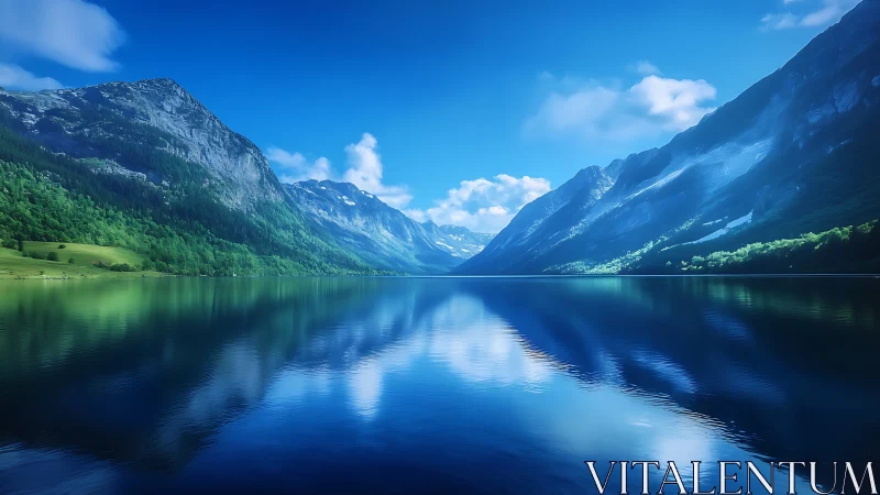 Crystal lake mirrors calm blue mountains beneath gentle clouds