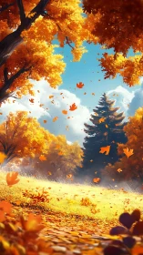 Golden autumn leaves whirl under a bright storybook sky.