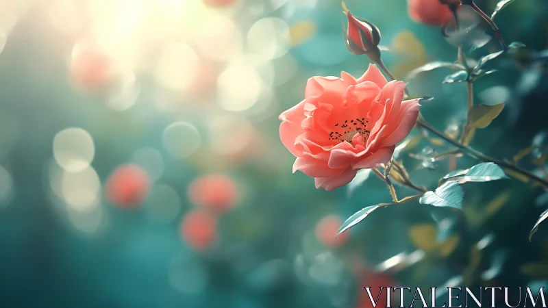 Coral Rose in Bloom Against Soft Teal Bokeh Garden Backdrop.