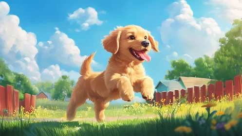 Kinetic golden puppy in sunlit rural yard, motion captured.