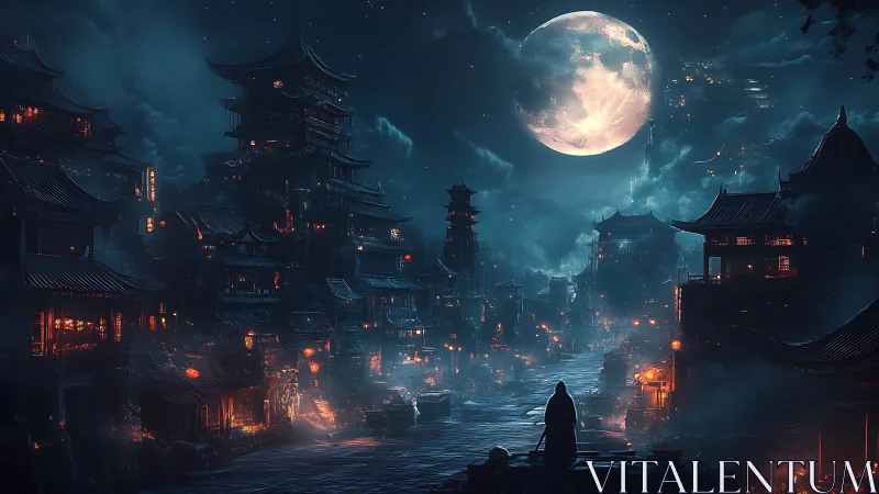 Moonlit phantom in a misty neon-lit samurai river town.
