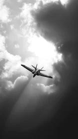 Monochrome fighter jet ascends through dramatic backlit clouds