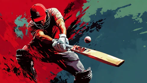 Cricket batsman in explosive swing amid abstract color field.