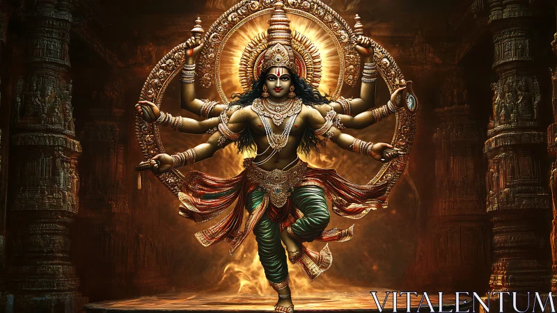 Divine multi-armed dancer radiates firelit cosmic power