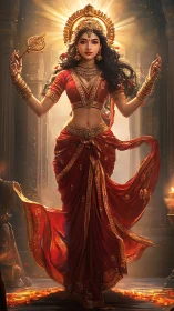 Divine goddess figure in red sari with golden halo