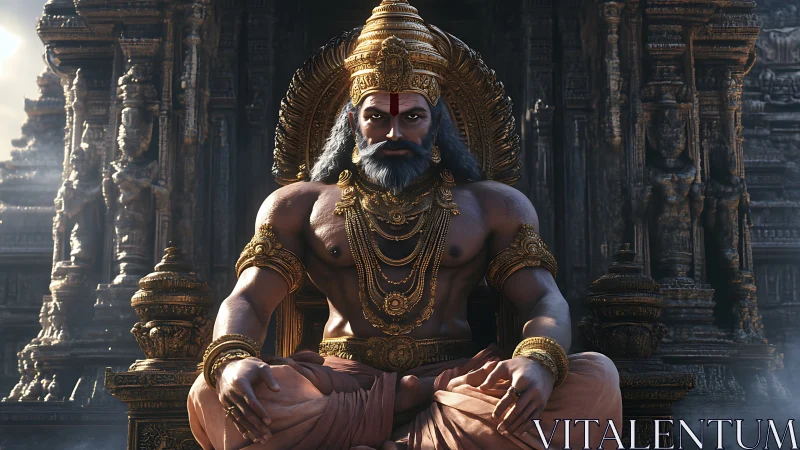 Regal warrior deity seated on ornate throne in cinematic lighting