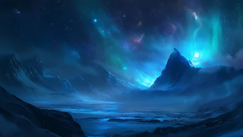 Frozen alien peaks glow beneath ethereal blue aurora sky