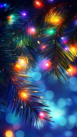Glowing holiday pine branches with vivid festive bokeh background.