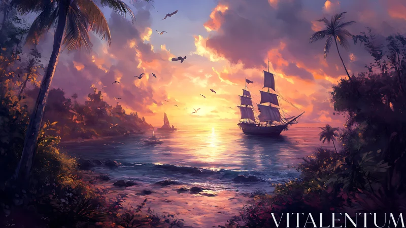 Sunlit galleon sails past tropical bay at blazing sunset.