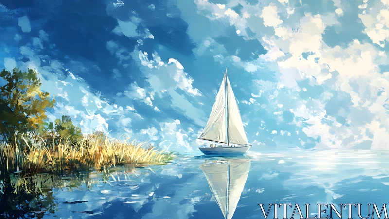 Sailboat reflects on calm lake under dynamic impasto cloud field