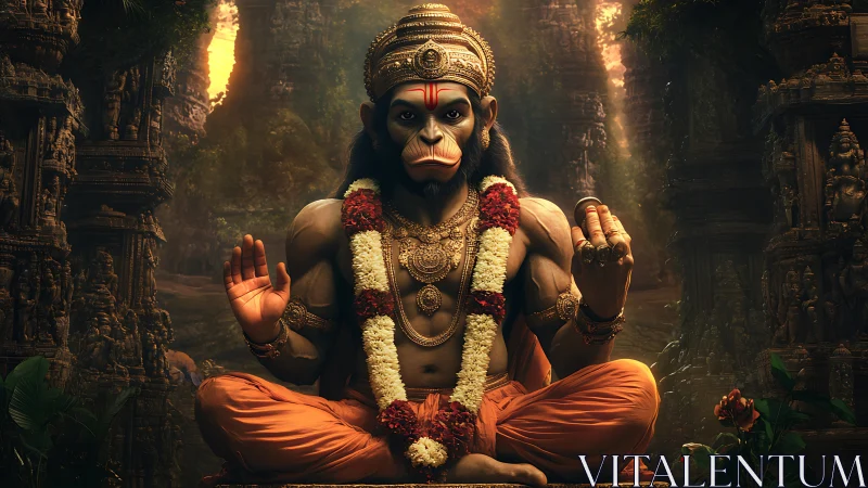 Hanuman-like monkey deity in ornate jungle shrine render.