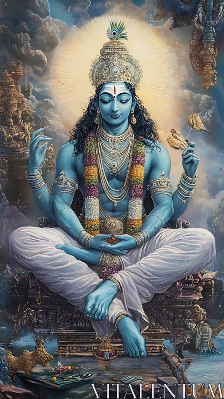 Blue-skinned seated deity in ornate cosmic environment.