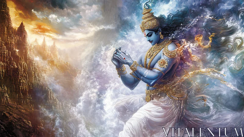 Blue divine figure amid swirling clouds and mountains.
