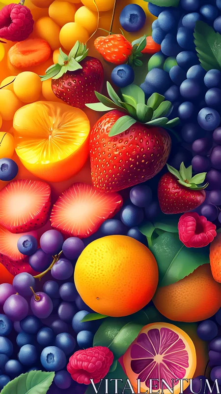 Mixed berries, citrus and grapes in dense colorful layout.