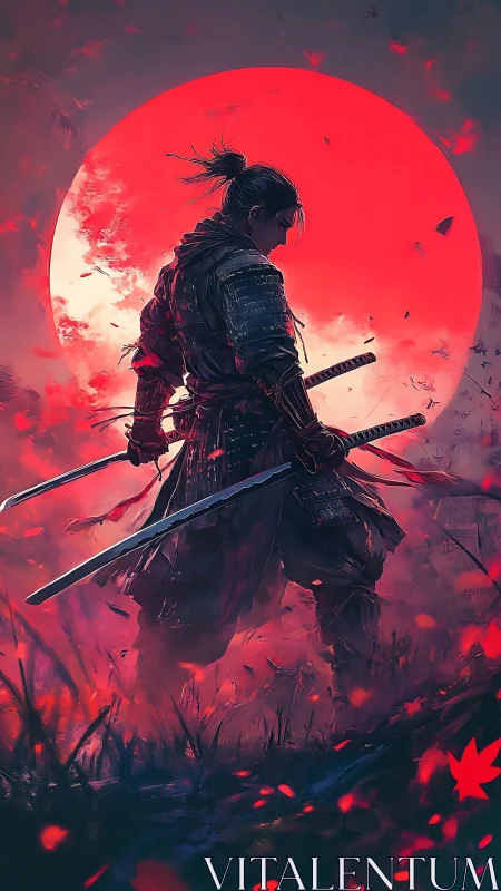 Lone samurai stands before a burning crimson moon in silence