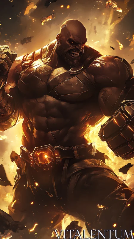 Muscular armored warrior stands in fiery explosive chaos.