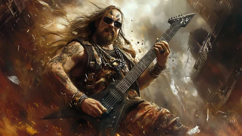 Long-haired guitarist performs on angular electric guitar