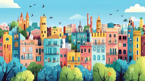 Sunlit pastel skyline where storybook houses huddle close.