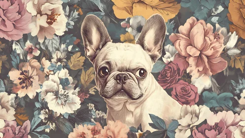 French bulldog daydreams in a lush garden of flowers.