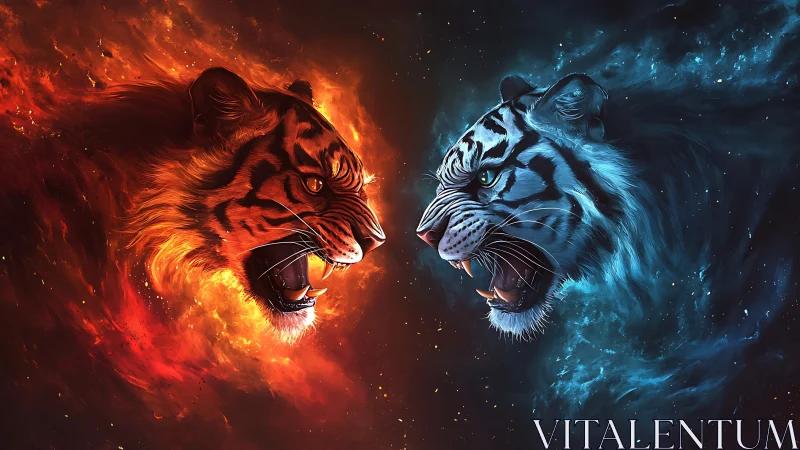 Opposing Tigers in Elemental Fire and Ice Conflict.