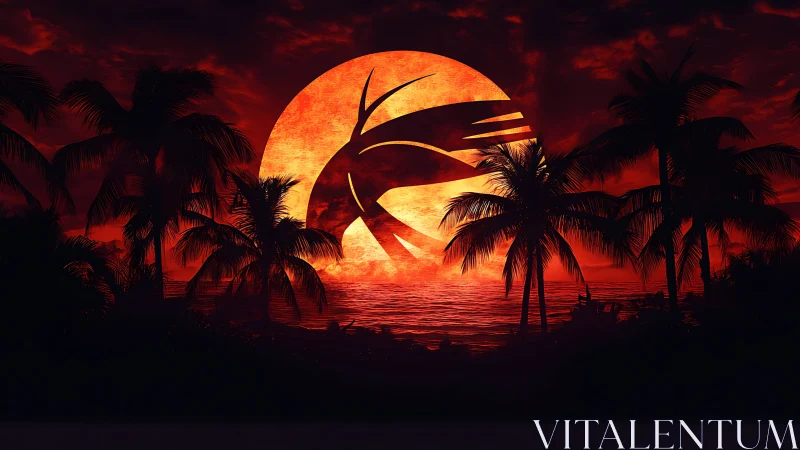 Palm tree silhouettes frame stylized red sun over ocean