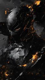 Armored obsidian warrior rendered in molten ember-splashed digital abstraction