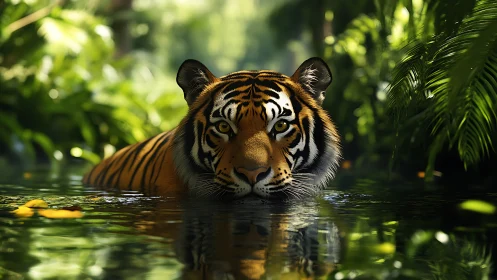 Hydrodynamic frontal portrait of Bengal tiger in dense foliage.